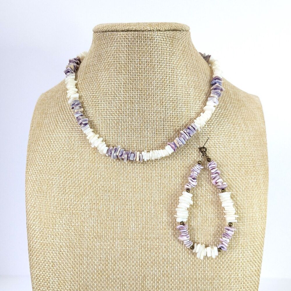 Artisan Purple White Wampum Quahog Shell Chip Necklace & Bracelet 80's